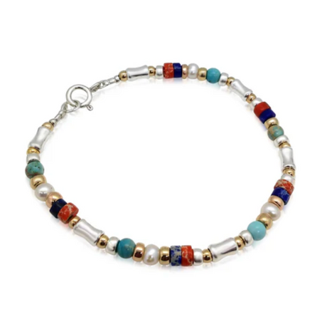 MULTI COLOURED STONE BRACELET WITH PEARLS GOLD